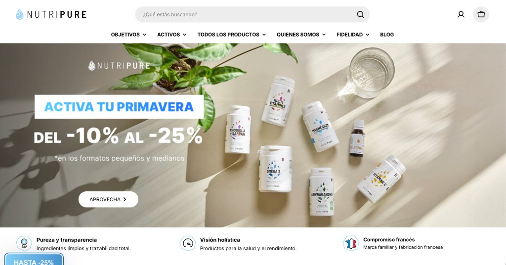 Capture de la page d'accueil Nutripure en espagnol : header, navigation OBJETIVOS/ACTIVOS, bandeau promo printemps, produits compléments et barre de valeurs (pureté, vision holistique, engagement français).