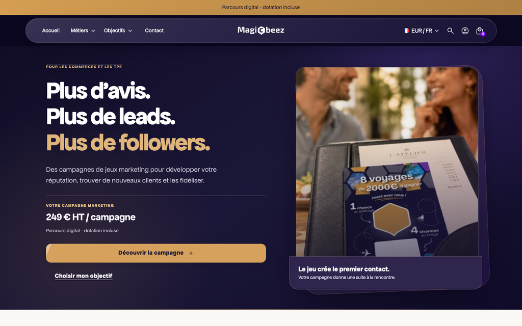 Aperçu du site MagicBeez : navigation et section hero.