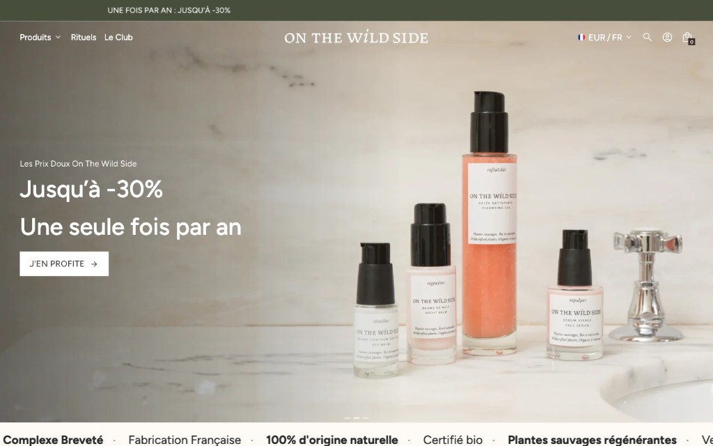 Aperçu du site On The Wild Side : navigation et section hero.
