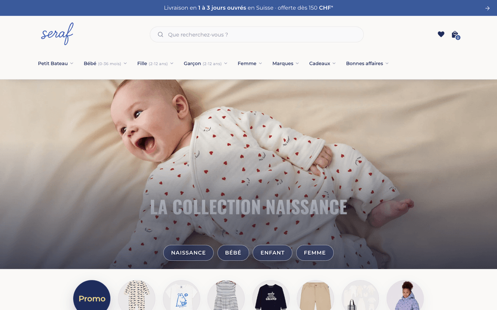Aperçu du site Petit Bateau – Seraf : navigation et section hero.