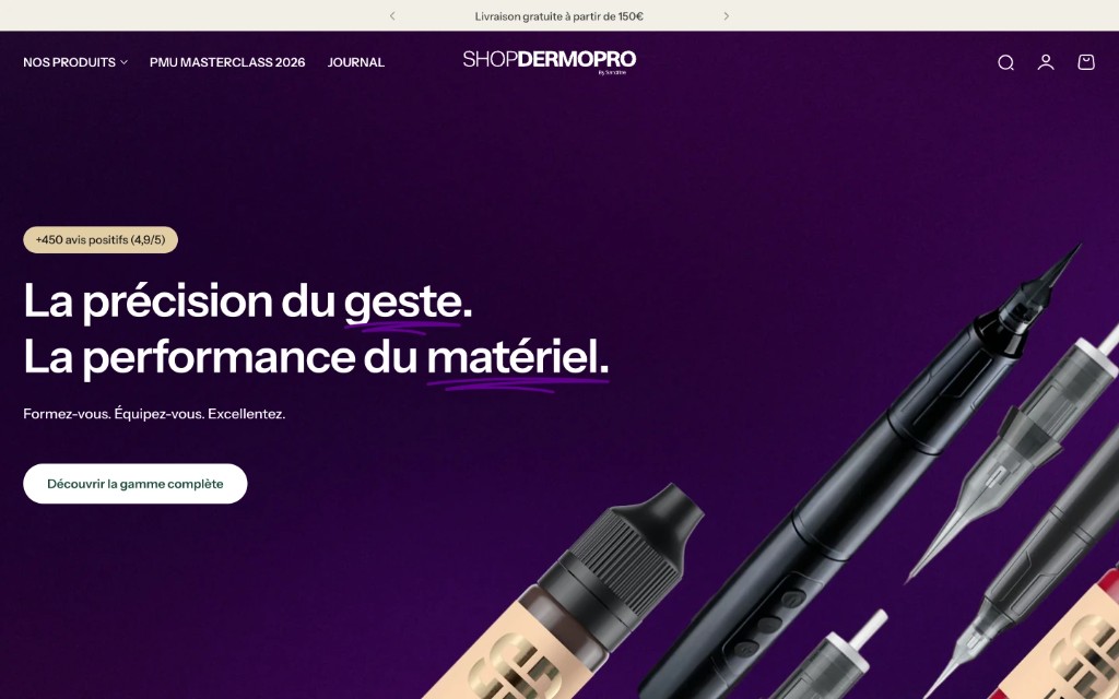 Aperçu du site ShopDermoPro : navigation et section hero.